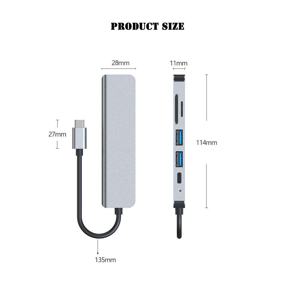 6 in 1 OTG Splitter USB Typc C Hub Multiport Adapter_size