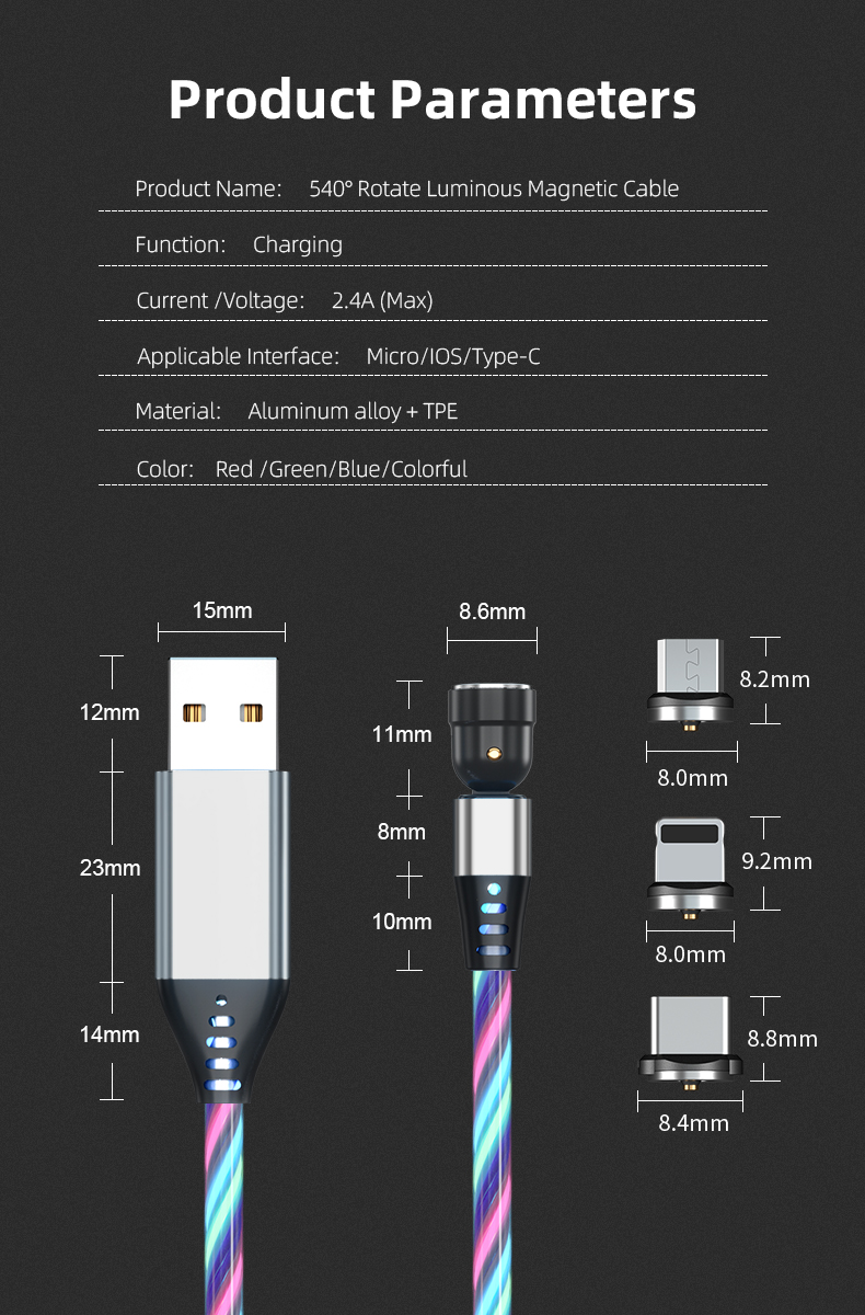 3 in 1 Magnetic Luminous Flowing Fast Charging USB Cable