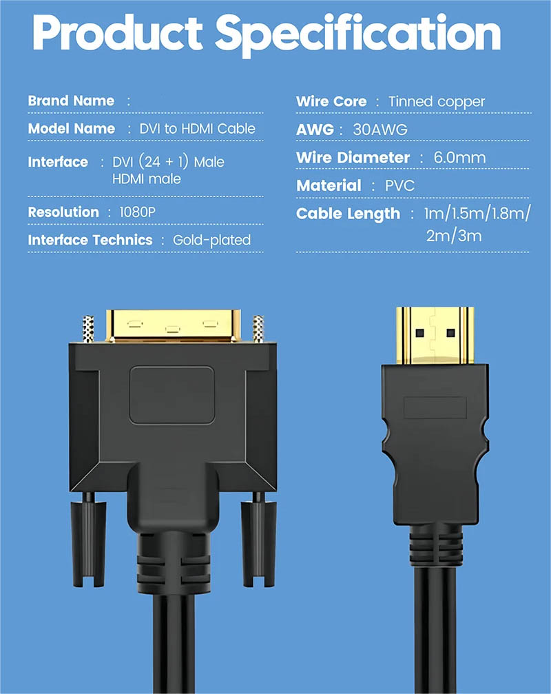 Gold Plated HDMI to DVI Cable 4K 60Hz 1080P DVI to HDMI Cable Adapter for HDTV_des